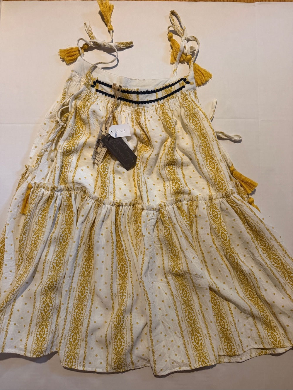 Easel Brand Medium White and Mustard Striped Tassel Sundress
